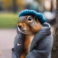 A fashionable squirrel in designer clothing, posing for a portrait in a city park1