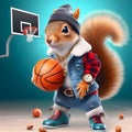 A fashionable squirrel playing basket ball at a hall, sport, animal, cute, adorable