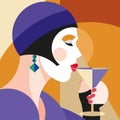 Fashionable stylish woman drinking wine. Modernist style woman in a hat with stylish headdress. Modernism style art.