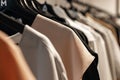Fashionable stylish women`s clothing on a hanger. Close-up of branded clothing in a show room. Light background. Fashion retail Royalty Free Stock Photo