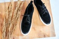 Fashionable suede sneakers. Sport shoes. Expensive footwear or loafers on white background with different thing