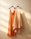 Fashionable summer silk dresses in soft apricot color hang on the shoulders. Bridesmaid dress