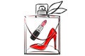 Fashionable vector illustration. An image of a transparent perfume bottle with lipstick and red high-heeled shoes inside Royalty Free Stock Photo