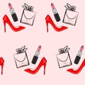 Fashionable vector illustration. An image of a transparent perfume bottle with lipstick and red high-heeled shoes inside