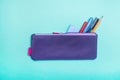 Fashionable violet pencil case with multicolored felt-tip pens, pencils and pens on green background. Royalty Free Stock Photo