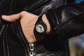 Fashionable watch on a woman's hand. Classic stylish wrist watch