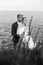 Fashionable wedding couple. Bride and Groom. Black and white photography. Outdoor portrait Royalty Free Stock Photo