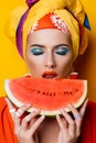 Attractive girl eating watermelon Royalty Free Stock Photo