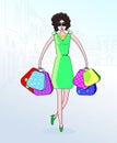 Fashionable woman carries a bag with purchases. Silhouette of the city. The contours of the houses. Shopping.