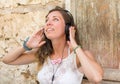 Fashionable woman with headphones Royalty Free Stock Photo