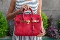 Fashionable woman holding luxury snakeskin python bag. Elegant outfit. Close up of purse in hands of stylish lady. Model Royalty Free Stock Photo