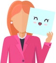 Fashionable woman holding picture of cute kawaii face. Funny japanese facial expression anime style Royalty Free Stock Photo