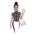 Fashionable woman illustration / artwork - coffee to go / lace top / handbag - fashion illustration / beauty Royalty Free Stock Photo