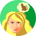 Fashionable woman with long hair dreams of a pet. Flat Style.Blonde girl on a green background. Silhouette of kitten