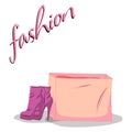 Fashionable woman s shoes and bag pink color and fashion handwritten sign Royalty Free Stock Photo