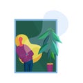 Fashionable woman staing near window and flowerpot at home and resting. Trendy minimalistic cartoon style vector Royalty Free Stock Photo