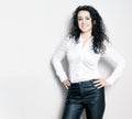 Fashionable Woman in White Shirt and Black Leather Trousers