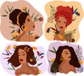 Fashionable womans with different hair style, flowers and leaves. Collection womans Portraits ideal for postcards