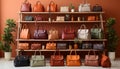 Fashionable women bag collection in a modern store, elegance personified generated by AI