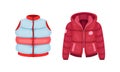 Fashionable women outerwear set. Warm vest and down jacket. Stylish clothes winter, spring or autumn season vector