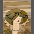 Fashionable women pattern. Three flappers. Art deco stained glass pattern. Royalty Free Stock Photo