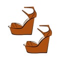 Fashionable women`s brown sandals on a thick platform. Flat style. Design is suitable for icons