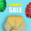 Fashionable women`s handbag and colored sheets with monsters on a bright background with the text summer sale. The concept of Royalty Free Stock Photo