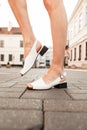 Fashionable women`s summer shoes from the new collection on the street Royalty Free Stock Photo
