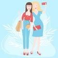 Fashionable women take selfies on their phone. Flat design.