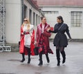 MILAN - FEBRUARY 22, 2018: Fashionable women walking in the street before LES COPINS fashion show Royalty Free Stock Photo