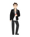 Fashionable young guy in a leather biker jacket, black jeans and a paper Cup of coffee