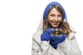 Fashionable young woman in a blue knitted winter ensemble Royalty Free Stock Photo