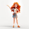 Fashionable Young Woman With Long Orange Hair In A Welcoming Gesture