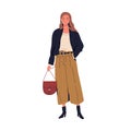 Fashionable young woman in trendy clothes vector flat illustration. Stylish person holding handbag standing isolated on