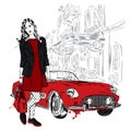 Fashionably dressed girl on the background of a city street and car. Vector illustration for greeting card, poster, or print on cl