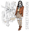 Fashionably dressed girl on the background of a city street. Vector illustration for greeting card, poster, or print on clothes. F