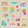 Fashioned girl badges, cute stripes and cartoon patches. Teenage badge with fashion sneakers, food and camera vector isolated Royalty Free Stock Photo