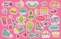 Fashioned girl badges, stickers with rainbow and burger, sneaker and glasses, lipstick and watermelon