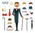 Fashioned retro gentleman with different accessories of victorian style. Creation mascot kit