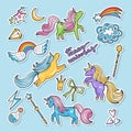 Fashioned vector stickers. Nineties retro style. Unicorn, rainbow an other magic elements