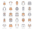Fasion flat line icons. Men, women apparel - dress, down jacket, jeans, underwear, sweatshirt, turtleneck, sweater. Thin