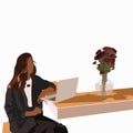 Fasion girl sitting alone with laptop and working. Vase with flowers on the table Royalty Free Stock Photo