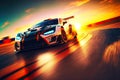 Fast-accelerating race car at Formula One Racing amid sunset, generative ai