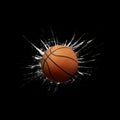 Fast basketball through broken glass on black background