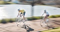 Fast, bike and men in competition, training and fitness for wellness, healthy lifestyle and freedom. Motion blur, male