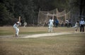 A fast bowler delivered a ball and the batsman ready to stike in a cricket match. Royalty Free Stock Photo