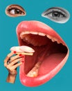 Fast breakfast. Woman with giant open mouth eating sandwich with sausage over blue background. Contemporary art collage.