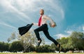 Fast business concept. Running businessman ready to run jump and sprint. Royalty Free Stock Photo