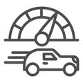 Fast car and speed counter line icon. Vehicle and speedometer, driving symbol, outline style pictogram on white Royalty Free Stock Photo