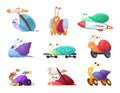 Fast cartoon snails. Business concept characters of competitive quick cute slug vector race mascots in action poses Royalty Free Stock Photo